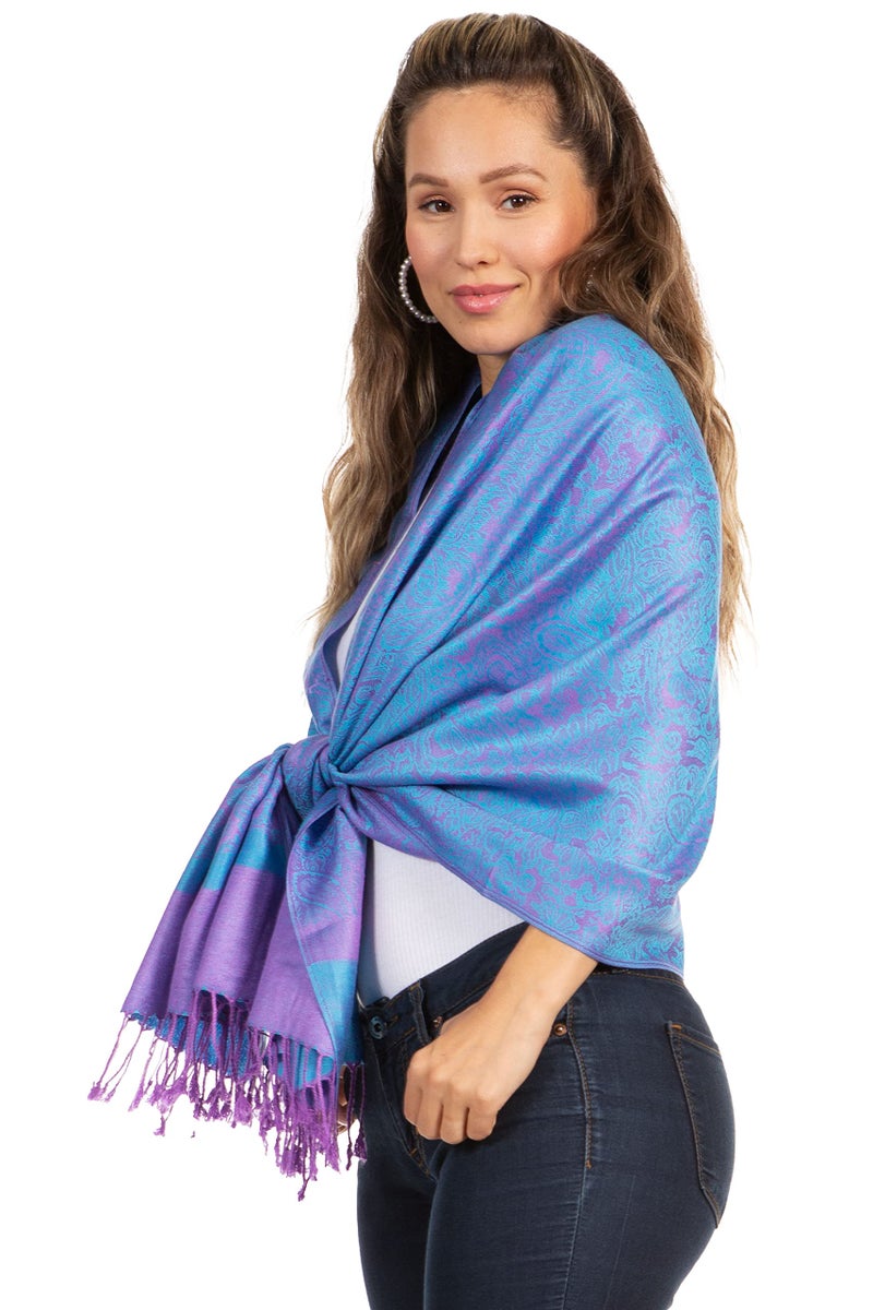 Sakkas Two Tone Vintage Jacquard Paisley Pashmina Shawl Wrap Scarf Stole - Turquoise/Purple - Image 3